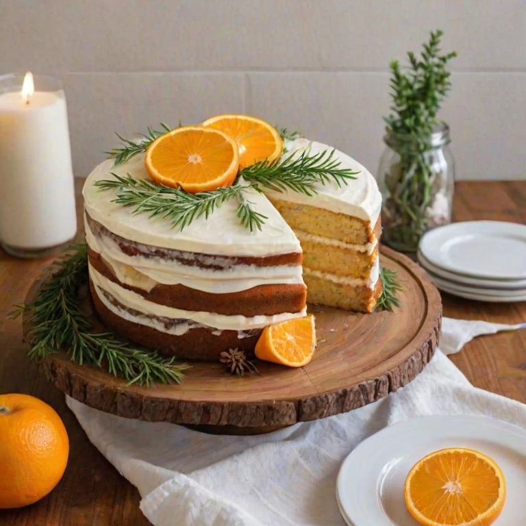 Create an image of a layered cake on a wooden cake stand. The cake should have visible layers filled with a light yellow filling and frosted with white icing. Decorate the top with thin slices of orange and a few sprigs of greenery. Arrange some slices of the cake on white plates nearby. The background should have soft, warm colors to create an inviting atmosphere.