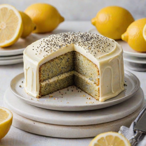 Create an image of a slice of lemon poppy seed cake with a moist, fluffy texture. The cake should have a light yellow color, dotted with black poppy seeds, and be generously layered with a creamy lemon frosting. The background should be simple and elegant, enhancing the cake's appeal.