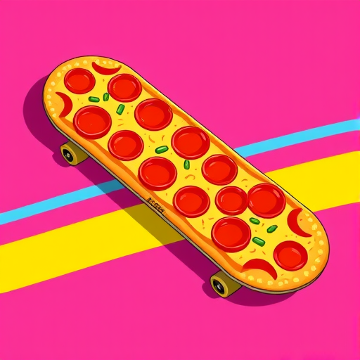 Create an illustration of a skateboard designed like a pepperoni pizza, featuring vibrant red pepperonis and a fun, cartoonish style, set against a bright pink background with playful yellow and blue stripes, using a DSLR camera with a 50mm lens, f/2.8 aperture, ISO 200, and a shallow depth of field for enhanced detail and color vibrancy.