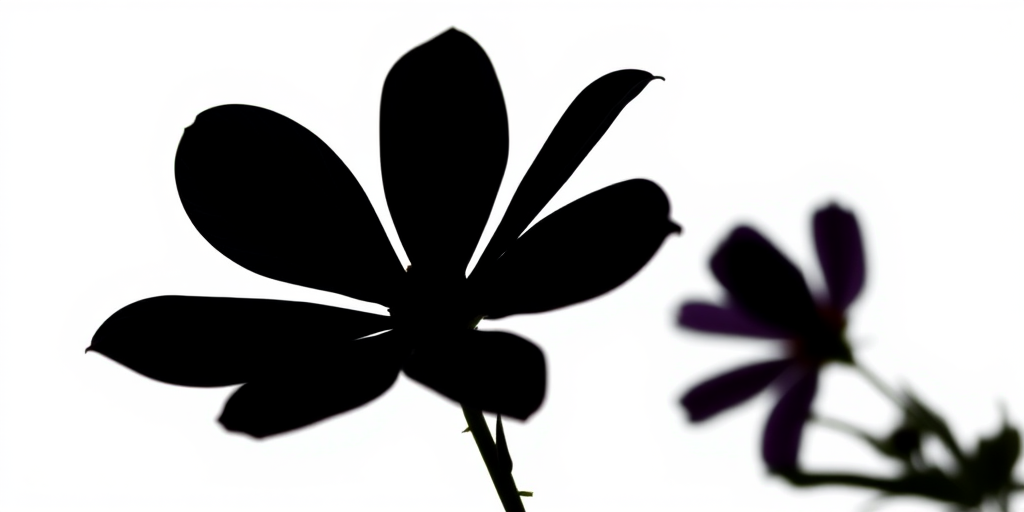 Generate a high-resolution image of a black silhouette of a flower against a white background, using a DSLR camera with an aperture of f/2.8, ISO 100, and a focal length of 50mm, taken from a front view in a soft natural light setting.