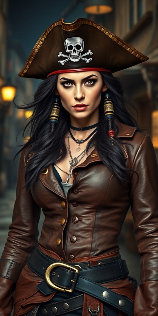 Create a portrait of a fierce female pirate. She wears a leather tricorn hat adorned with a skull and crossbones emblem, and her long, dark hair flows around her face. Her outfit consists of a richly detailed leather jacket, a corset, and multiple layers of belts and accessories, giving her a formidable and stylish appearance. She stands confidently in a dimly lit, historic port town, with a backdrop of weathered buildings and cobblestone streets, capturing the adventurous spirit of a pirate.