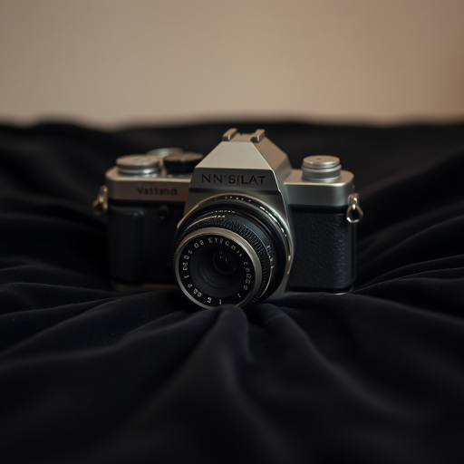 Capture a vintage camera on a black velvet surface with soft, diffused lighting, aperture f/2.8, ISO 100, shutter speed 1/60s, 50mm lens, shallow depth of field, and a slight tilt angle for an artistic perspective.