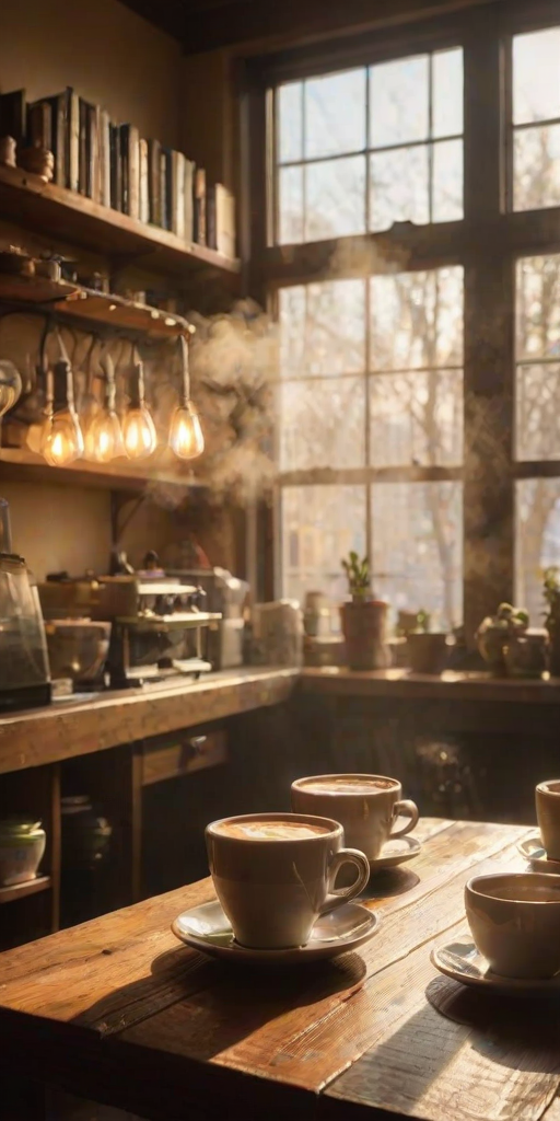Warmly lit image of a cozy coffee shop interior, steam rising from cups of coffee on a wooden table, with soft golden light streaming through large windows, and bookshelves lining the walls.