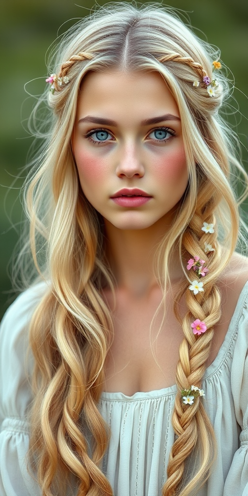 Create an image of a young Afghan woman with long, wavy blonde hair, adorned with small, colorful flowers woven into her braids and loose strands. Her complexion is fair, with soft, glowing skin, and she has light blue eyes that gaze softly at the viewer. She wears a light, flowing dress with a gentle, ethereal quality, complementing her delicate and serene appearance. The background is slightly blurred, drawing focus to her tranquil expression and the intricate details of the flowers in her hair. The overall mood of the image is one of natural beauty and grace, evoking a sense of peacefulness and connection with nature.