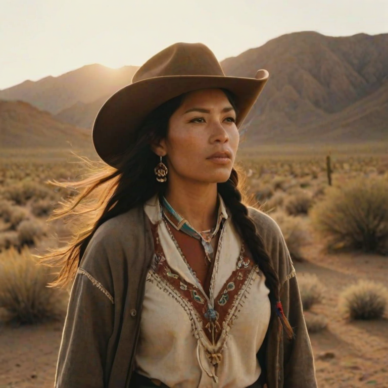 Dramatic photo of a beautiful Quechua woman, classic cowboy attire, confident and free spirit expression, half-length portrait, centered, golden hour desert landscape, warm, diffused light, low angle, medium format film camera, in style of Annie Leibovitz.