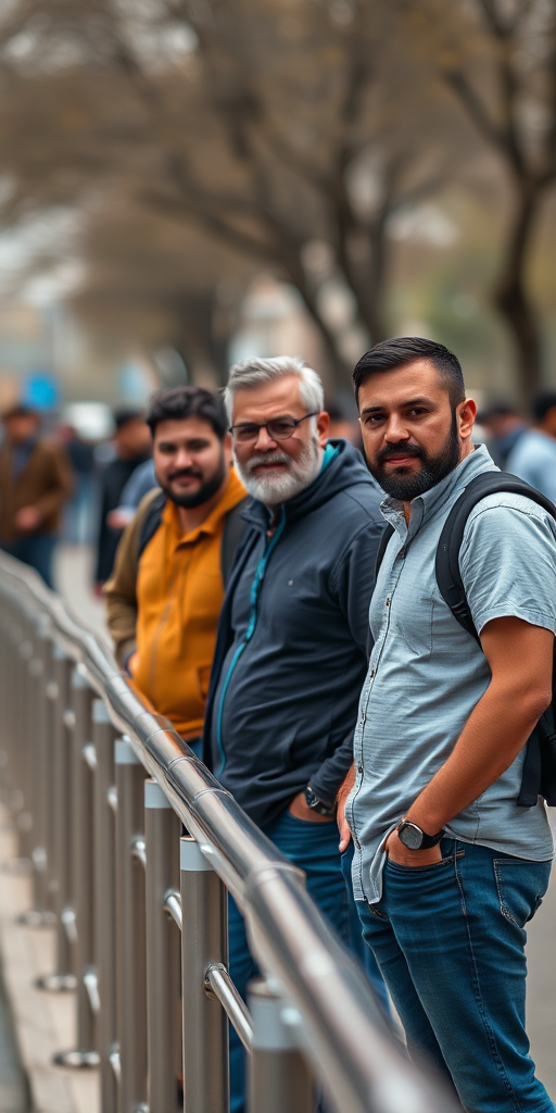 portrait of a group of men standing near a railing in a public space with shallow depth of field, captured with a Canon EOS R5, 50mm lens, f/1.8 aperture, ISO 100, natural lighting, slightly overcast conditions, focus on middle subjects and soft background blur
