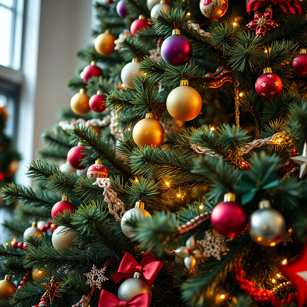 A vibrant Christmas tree adorned with colorful ornaments, warm lights, and festive decorations, captured from a low angle, 50mm lens, f/2.8 aperture, ISO 200, in natural daylight to enhance colors and details.