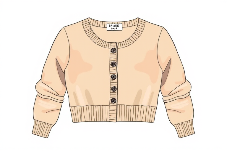 Illustration of a stylish cropped cardigan with a rounded neckline and button details, captured with a DSLR camera, 50mm lens, f/2.8 aperture, natural light, top-down view for a clean presentation.