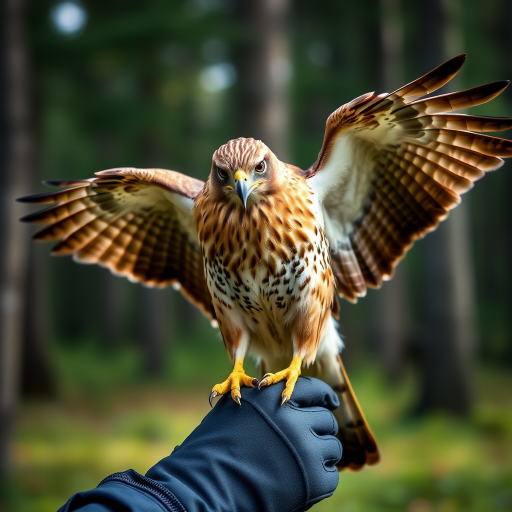 A close-up of a hawk with wings spread, perched on a gloved hand, blurred forest background, natural light, 50mm lens, f/2.8 aperture, ISO 200, shooting at 1/500 sec, DSLR camera, shallow depth of field.