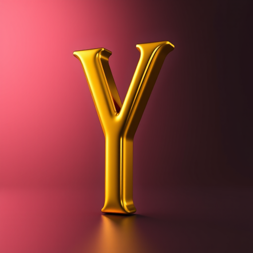 Create a 3D rendering of a golden letter Y with a glossy finish on a gradient background, using a Canon EOS R5 camera with a 50mm f/1.2 lens, aperture set to f/2.8, ISO 100, and a softbox lighting setup to enhance reflections and highlights.