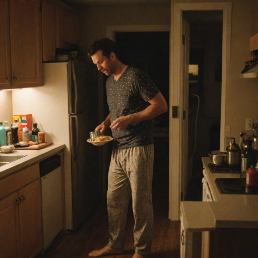 Grainy, low-light photo, late-night kitchen scene, a man standing by the fridge in pajama pants, the soft glow of the fridge light illuminating his face as he peers inside, cluttered countertops in the background, an open cookbook and a half-empty glass of water beside it.