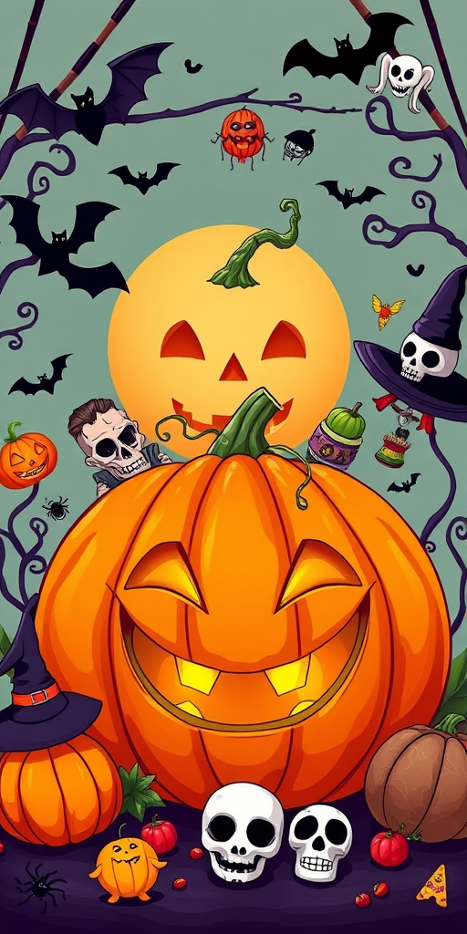 Create a vibrant Halloween-themed illustration featuring a large, grinning pumpkin, spooky decorations like bats and spiders, and playful elements like a witch hat and skull, using a Canon EOS 5D Mark IV with a 50mm lens at f/2.8, ISO 100, in a bright studio setting to enhance colors and details.