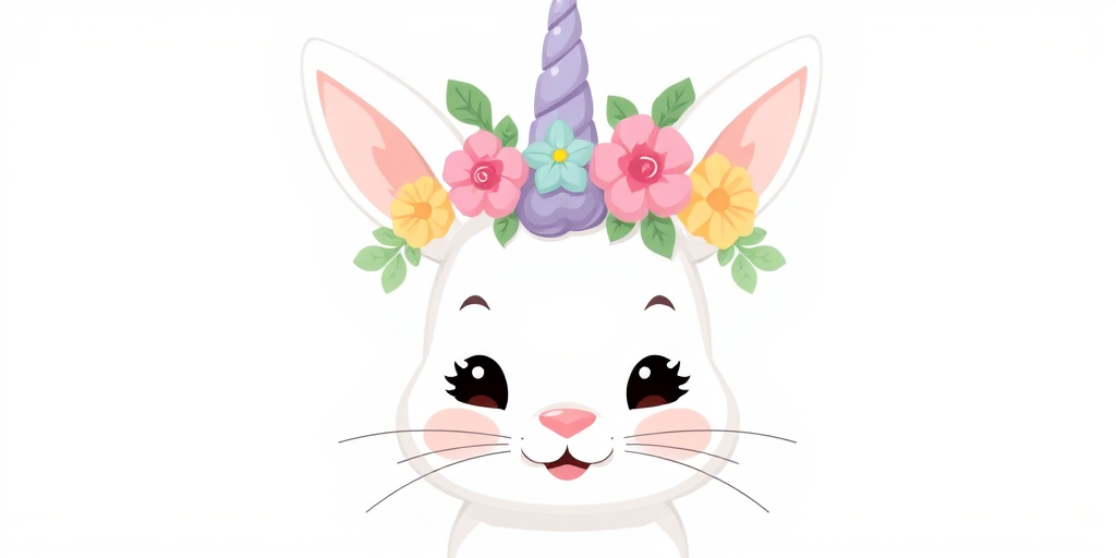 Create an adorable illustration of a cartoon bunny with a unicorn horn and a floral crown, pastel colors, high resolution, shot with a Canon EOS R5 at f/8, 50mm lens, natural light, front view, digital art style.