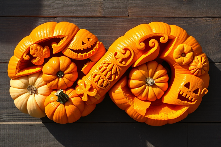 Create an illustration of a golden infinity symbol made of intricately carved pumpkins with various designs, using a Canon EOS R5 camera with a 50mm f/1.2 lens, aperture at f/2.8, ISO 100, shot from a top-down view in natural light to enhance detail and vibrancy.