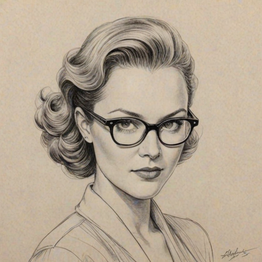 Graceful Andrea Anders, pencil sketch, portrait of Bewitching woman 1936s in glasses, hair style beatnik, outline, clear lines, fine lines, 8k