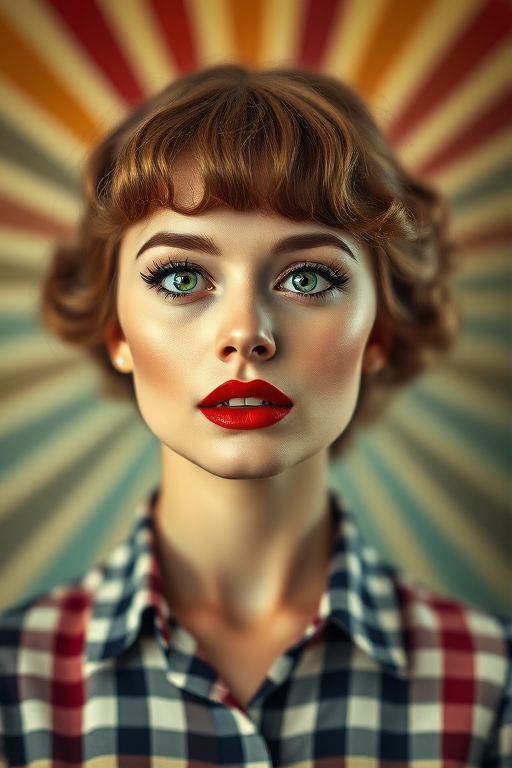 Vintage retro portrait of a woman with vibrant green eyes and red lips, wearing a classic checkered blouse, with a dynamic radial background; use a DSLR camera at f/2.8, ISO 100, 50mm lens, soft focus style to enhance image quality and create a classic vintage feel.