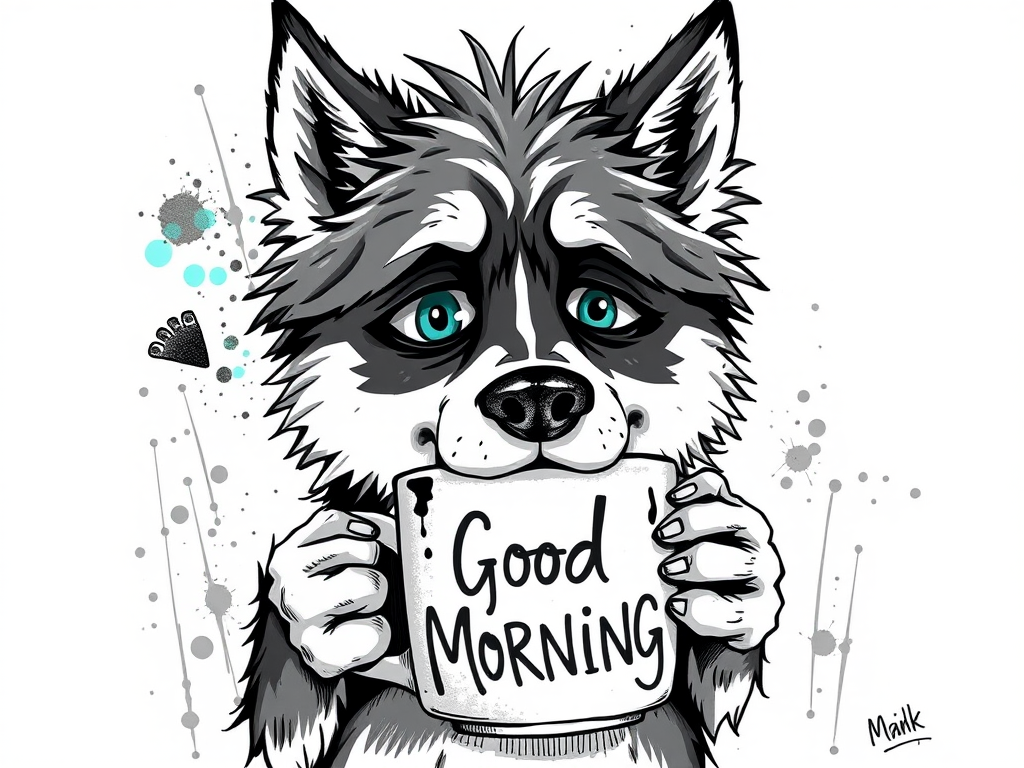 A quirky, artistic illustration of a disheveled alaskan irish setsky with exaggerated, large eyes and spiky fur, holding a coffee mug that reads "Good Morning". The dog has a tired but humorous expression, with ink splatters and abstract details surrounding it, giving a whimsical feel to the image. The color palette is mostly monochrome with hints of cyan in the eyes and steam rising from the mug, enhancing the overall sleepy vibe