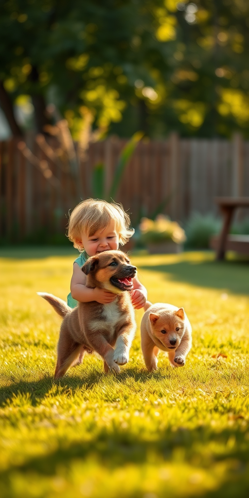 Warm, softly lit image of a child playing with a puppy in a sun-drenched backyard, soft shadows from trees dancing on the grass, the smell of freshly cut lawn lingering in the air, laughter and playful barking frozen in the moment.
