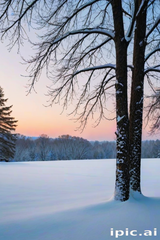 Serene Winter Landscape with Snow-Covered Trees and Soft Sunrise Glow