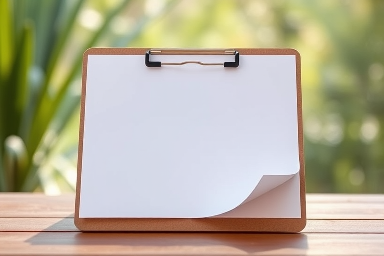 Create a high-resolution image of a blank clipboard with a slightly curled corner, captured in natural light, using a DSLR camera, 50mm lens, f/2.8 aperture, ISO 100, and a shallow depth of field to emphasize the clipboard while keeping the background softly out of focus.
