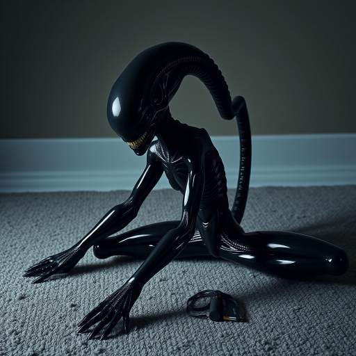 A funny Alien in a stretching position on a textured carpet, with its black, glossy body reflecting dim light. Legs spread wide, upper body bent forward, long segmented tail curving over its back, arching above its head. Face directed at the viewer, showing biomechanical features, sharp teeth, elongated skull. Muscles taut, emphasizing strength in the stretch. Minimalist environment, focusing on the creature's athletic pose. Photorealistic quality.