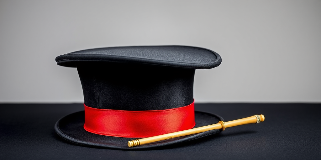 Create a high-resolution image of a magician's top hat with a red band and a magic wand beside it, using a DSLR camera with a 50mm lens, aperture set to f/1.8 for a shallow depth of field, shooting from a slightly elevated angle with soft, diffused lighting to enhance details.