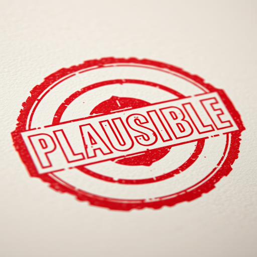 Create an image of a bold red stamp with the word PLAUSIBLE in a distressed font, using a 50mm lens, aperture f/1.8, ISO 100, in a close-up view, with soft natural lighting, captured with a DSLR camera for high resolution and detail.