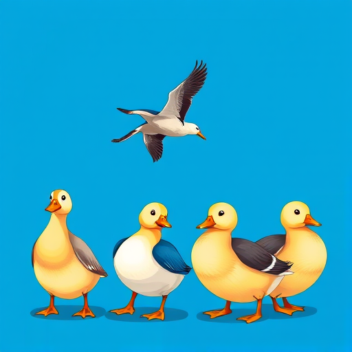 Create an illustration of four ducks: a standing duck, a blue duck, a flying duck, and two ducks together, against a solid blue background, using a digital drawing style, with vibrant colors and smooth gradients, resembling a vector art design, captured with a digital camera at f/8 aperture, ISO 100, and a focal length of 50mm.