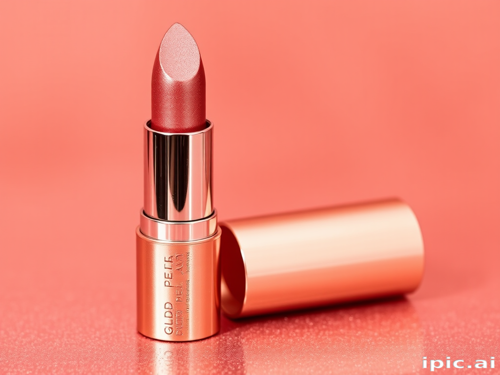 Metallic rose gold lipstick titled "Gilded Petal" with a creamy formula, offering intense pigmentation and a luxurious sheen for a glamorous look