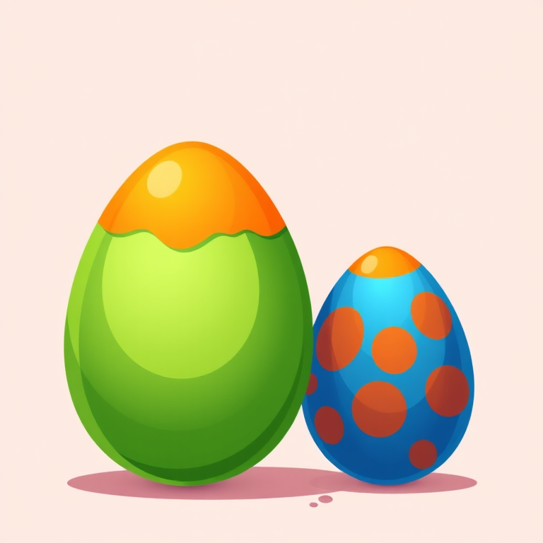 Create a vibrant digital illustration of two egg-shaped objects, one large green with an orange top and the other smaller blue with an orange top, using a Canon EOS 5D Mark IV, aperture f/8, ISO 200, 50mm lens, in a high-resolution, colorful, and flat style.