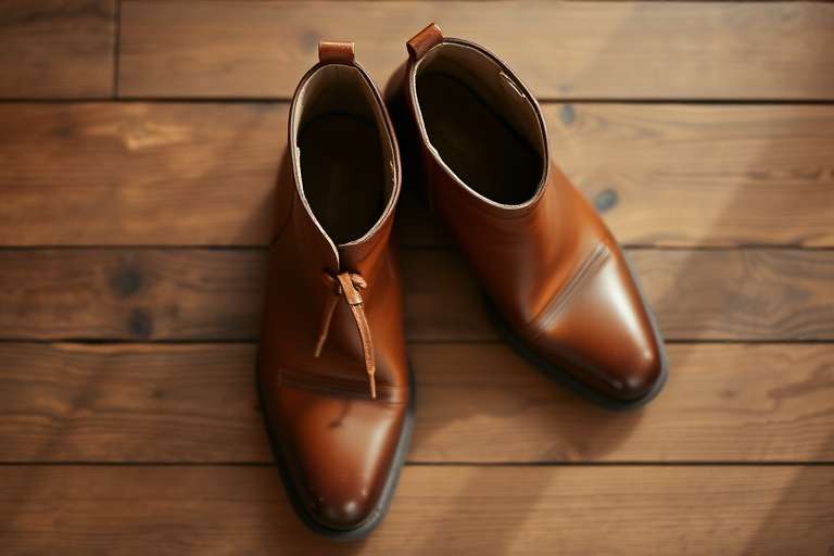 Photograph a pair of brown leather ankle boots resting on a wooden surface, shot with a DSLR camera, 50mm lens, aperture f/1.8, ISO 200, shallow depth of field, top-down view, natural lighting for enhanced detail and clarity.