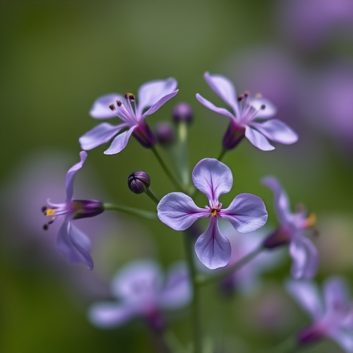 regenerate an image of delicate purple flowers with a blurred green background, using a 50mm lens at f/2.8, ISO 100, shutter speed 1/200s, in a macro photography style with natural light, DSLR camera type