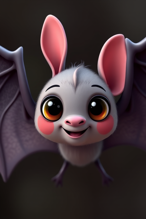 Create a cartoon-style image of a cute bat with wide wings, large round eyes, and pink ears, captured with a DSLR camera at f/5.6 aperture, 1/250 sec shutter speed, and ISO 100, using a close-up view to enhance the details and colors.
