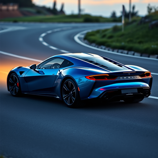 Generate an image of a luxury sports car parked on the side of a road during what appears to be dawn or dusk, given the soft light and shadows. The car should have a sleek design with aerodynamic features, a low-profile stance, and large, alloy wheels. It should display a contemporary color scheme, possibly a unique shade of blue that matches well with the ambient light in the setting. The vehicle's bodywork should gleam, reflecting the surrounding environment, and it should have distinctive lighting accents that enhance its sporty appearance. In the background, there should be a roadside with a grassy embankment on one side and possibly some trees or shrubbery along the edge of the pavement. The overall mood of the image should convey a sense of luxury, speed, and the tranquility of an early morning or late evening drive.