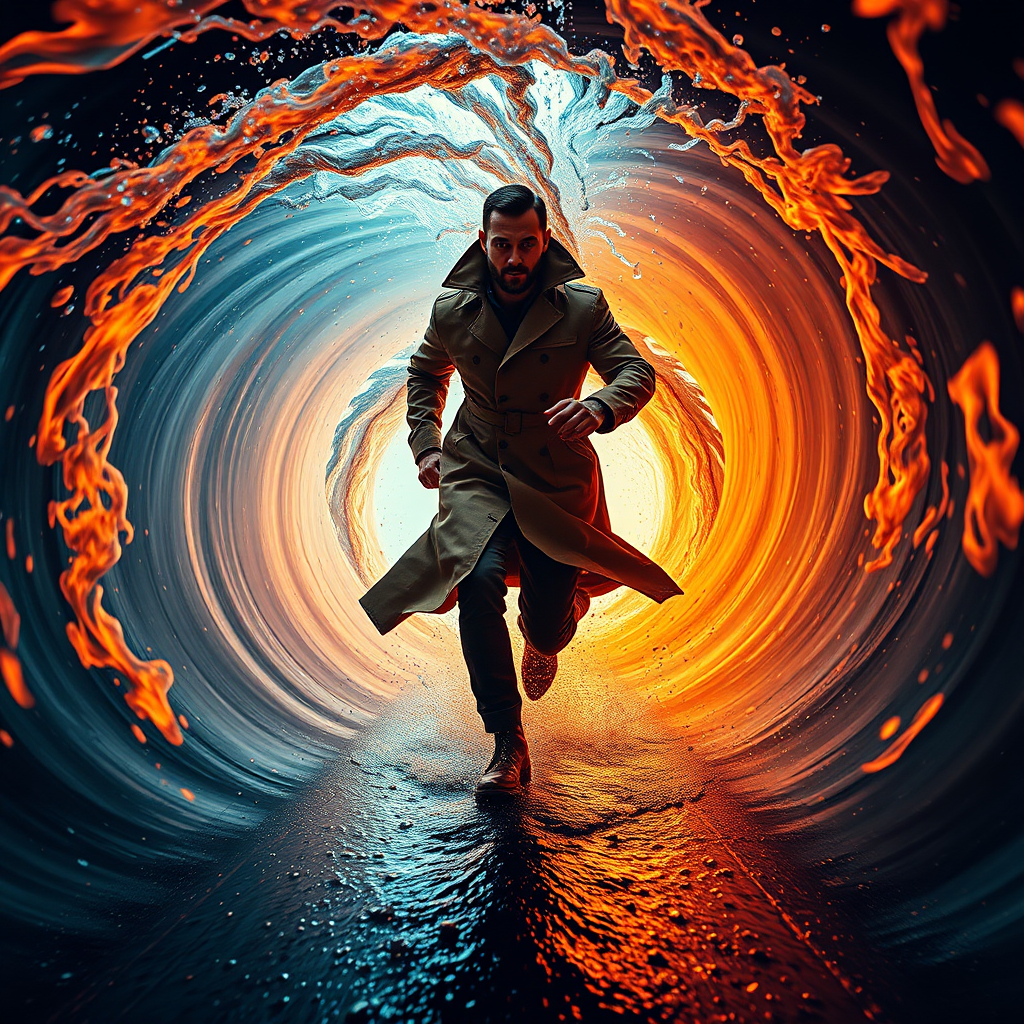 Create a vibrant and dynamic image of a man in a trench coat running through a swirling portal of fire and water, Nikon D850, f/2.8, 1/250s, ISO 100, wide-angle lens, low angle view, cinematic style.