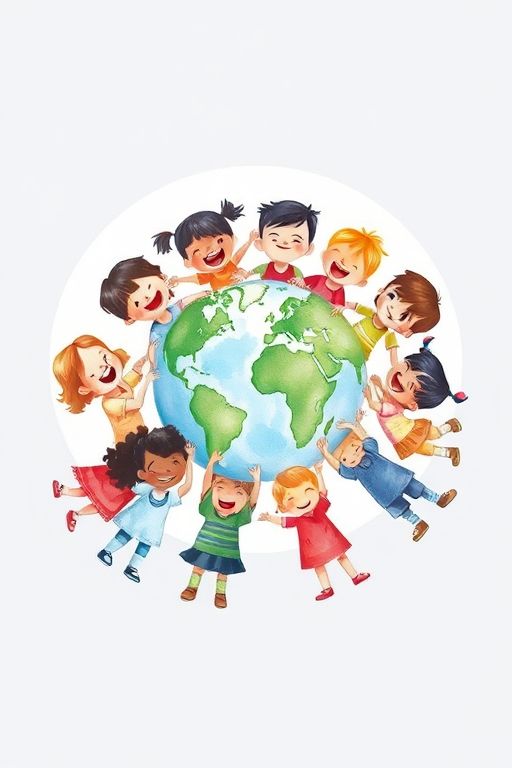 Create an illustration of a diverse group of children joyfully surrounding a globe, depicting unity and friendship, in a soft watercolor style, with natural light, shot from a slightly elevated angle using a digital camera with a 50mm lens at f/2.8, ISO 100 for enhanced clarity and depth.