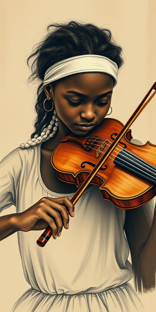 a young Afro-Caribbean woman with a white headband playing a violin, in the style of a charcoal drawing, sepia grunge background