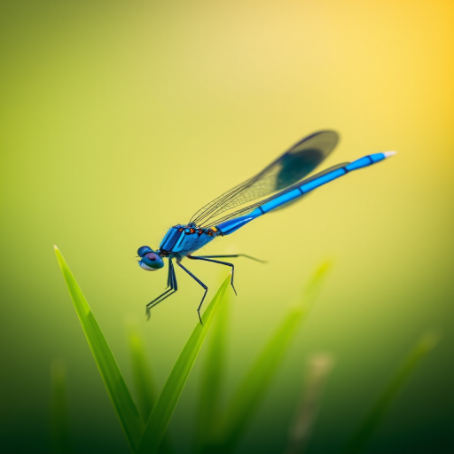 macro shot of a vibrant blue dragonfly perched on green grass with a soft gradient background, aperture f/2.8, shutter speed 1/250s, ISO 100, taken with a DSLR camera, natural lighting, close-up view