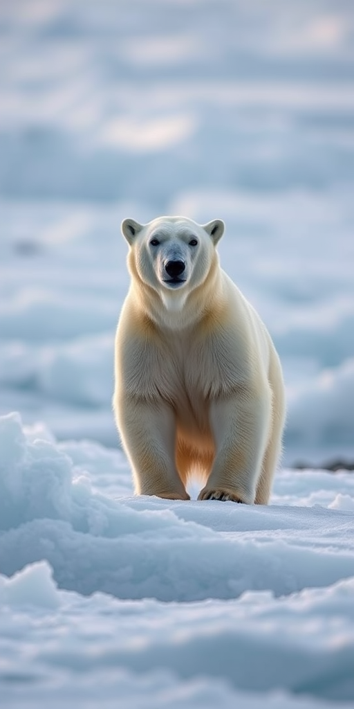 Polar bear standing majestically on a snowy glacier, captured with a Canon EOS 5D Mark IV, 24mm lens, f/8 aperture, ISO 200, 1/250 sec shutter speed, in soft natural light for enhanced detail and texture.