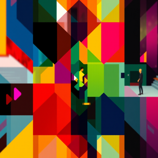 Generate a high-resolution abstract artwork with bold geometric shapes and vibrant colors, using a Canon EOS R5, 50mm lens, f/1.8 aperture, ISO 100, and a slight tilt-shift effect to enhance depth and focus.