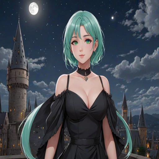 masterpiece, best quality, 1girl, pa-san, green eyes, blue colored inner hair, large breasts, ear piercing, chin piercing, hime cut, choker, black dress, long dress, shoulder cutout, sleeves past fingers, cloud, moon, full moon, Hogwarts, castle hill, night sky, street, shooting star, looking at viewer, blush, light smile, closed mouth, strong pose