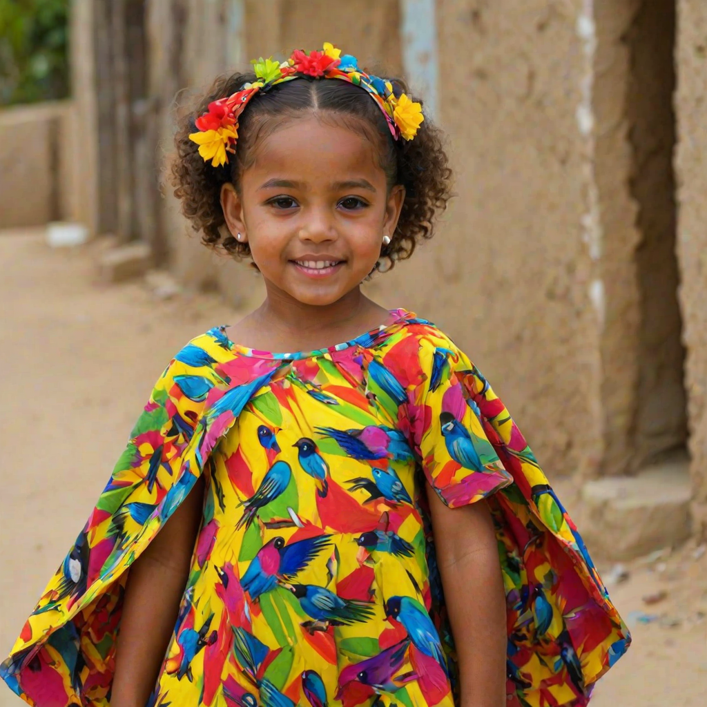 A beautiful Cape Verdean girl, wearing colorful bird clothing with vibrant colors