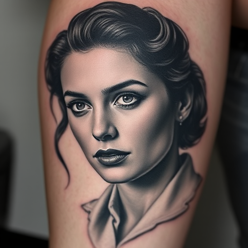 Realistic grayscale "Vintage Portrait" tattoo showcasing exceptional shading and detail, capturing the essence of a classic photograph with lifelike features and textures