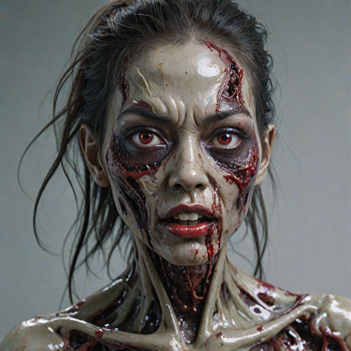 (perspective) of A creepy (ethnicity) zombie cyborg with (descriptive color) skin, (color) lipstick (color) liquid flowing from her eyes and mouth, (perspective two) portrait, (camera angle), extremely detailed, (art style) in the style of Yoshitaka Amano and Tetsuo Hara. --ar 85:128 --style raw --niji 6