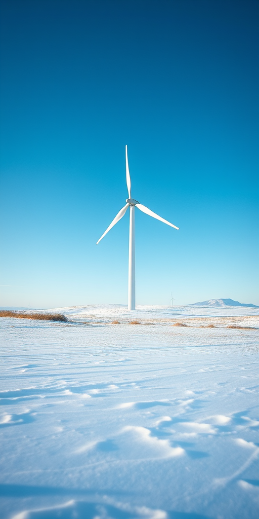 Generate an image of a single wind turbine in a snowy landscape under a clear blue sky, using a DSLR camera, focal length of 35mm, aperture set to f/8, ISO 100, with a slightly elevated perspective to capture the turbine fully and its environment in sharp detail.