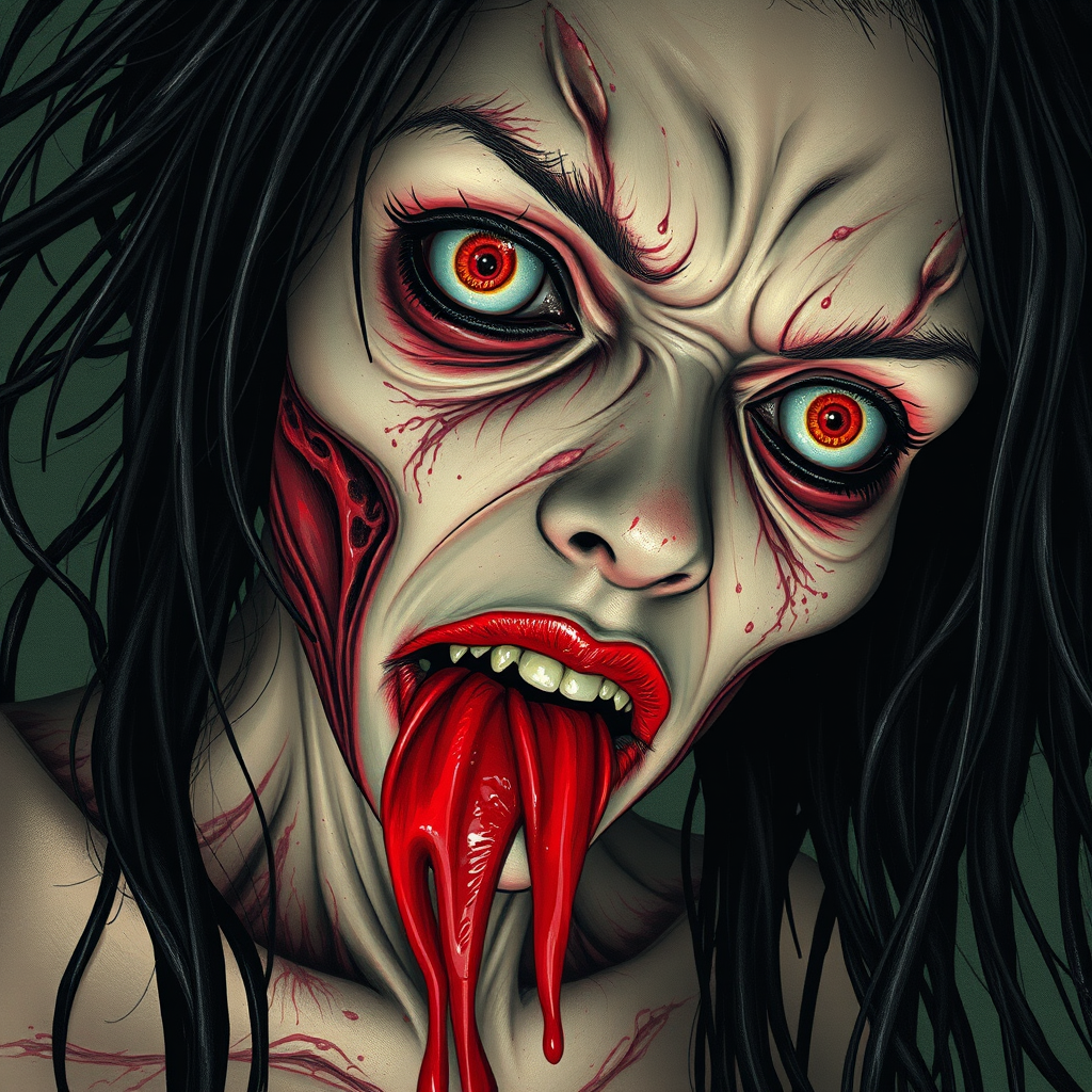 (perspective) of A creepy (ethnicity) zombie cyborg with (descriptive color) skin, (color) lipstick (color) liquid flowing from her eyes and mouth, (perspective two) portrait, (camera angle), extremely detailed, (art style) in the style of Yoshitaka Amano and Tetsuo Hara. --ar 85:128 --style raw --niji 6