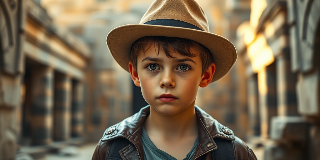 Portrait of a young adventurer with short hair wearing a hat and leather jacket, exploring an ancient temple with dramatic lighting, captured with a Canon EOS R5, 50mm lens, aperture f/1.8, ISO 100, natural light, shallow depth of field to enhance background blur.