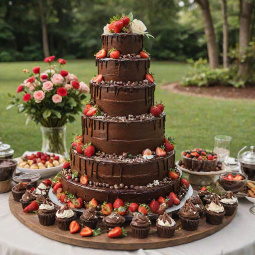 Create an image of a multi-tiered dessert display featuring a large chocolate cake on top, surrounded by an arrangement of smaller cups filled with various desserts. Each cup should have a mix of chocolate, vanilla, and fruit elements, garnished with fresh strawberries and decorative swirls of icing. The setting should be an elegant outdoor venue with greenery in the background.
