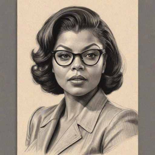 Sublime Taraji P. Henson, pencil sketch, portrait of Wonderful woman 1940s in glasses, hair style beatnik, outline, clear lines, fine lines, 8k