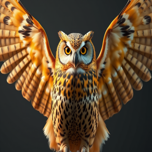 Create a highly detailed and realistic 3D rendering of a golden owl with large, outstretched wings, focusing on intricate feather textures and reflections, captured with a Canon EOS R5, using a 50mm f/1.2 lens at f/2.8, ISO 100, and a shutter speed of 1/200s, in a soft, diffused light setting.